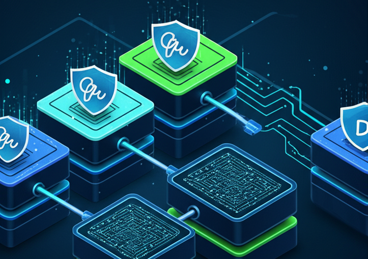 Imagem com blocos ligados entre si, representando a cadeia de dados da blockchain