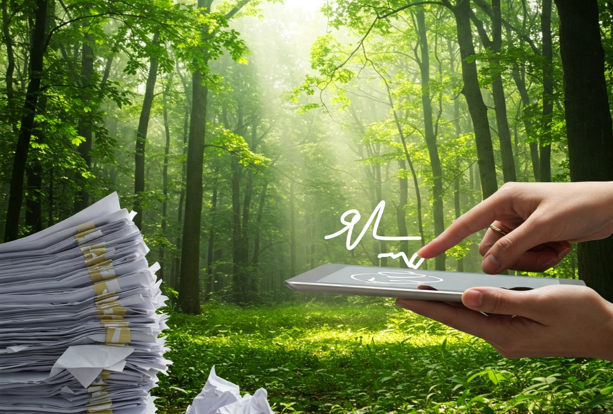 De um lado uma pilha de papel e do outro lado uma mão assinando um tablet, com uma floresta de fundo