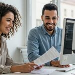 Duas pessoas felizes olhando para a tela do computador com um documento na mão