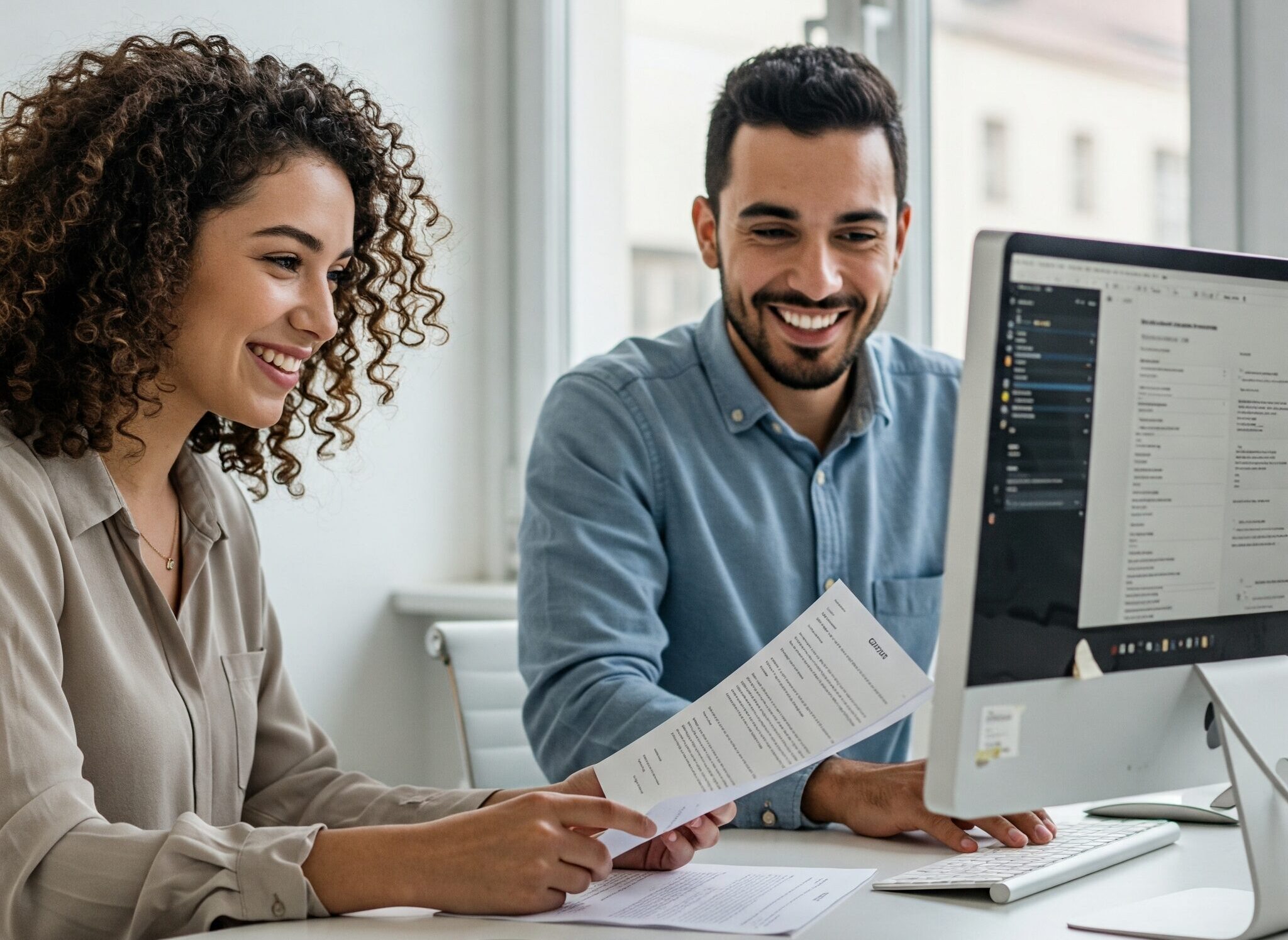 Duas pessoas felizes olhando para a tela do computador com um documento na mão