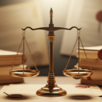 Balança símbolo do poder judiciário, com documentos selados ao redor, representando a validade jurídica dos documentos assinados com a assinatura Assin e o certificado ICP-Brasil