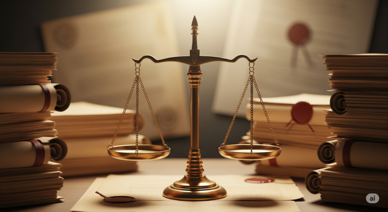 Balança símbolo do poder judiciário, com documentos selados ao redor, representando a validade jurídica dos documentos assinados com a assinatura Assin e o certificado ICP-Brasil