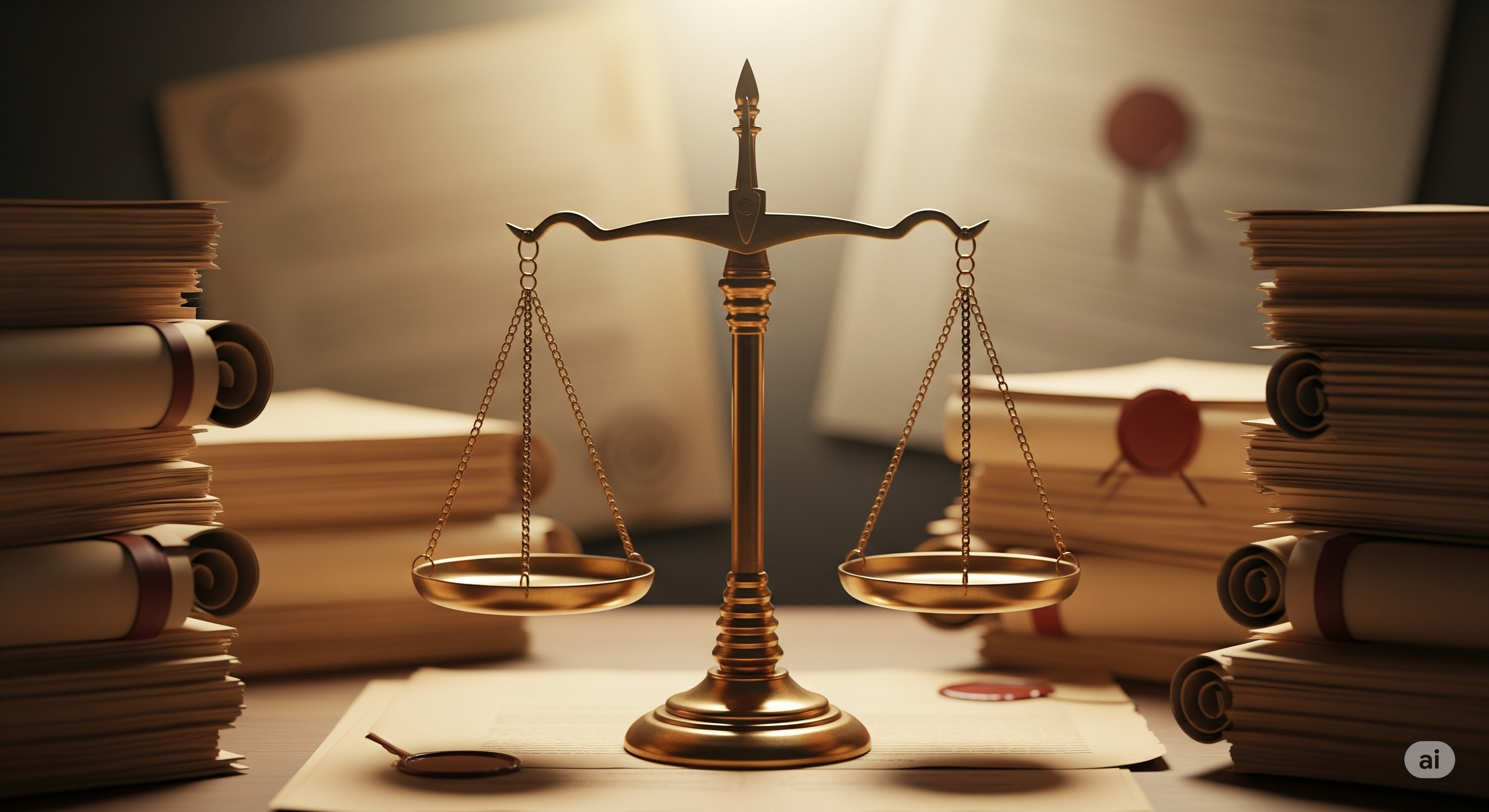 Balança símbolo do poder judiciário, com documentos selados ao redor, representando a validade jurídica dos documentos assinados com a assinatura Assin e o certificado ICP-Brasil