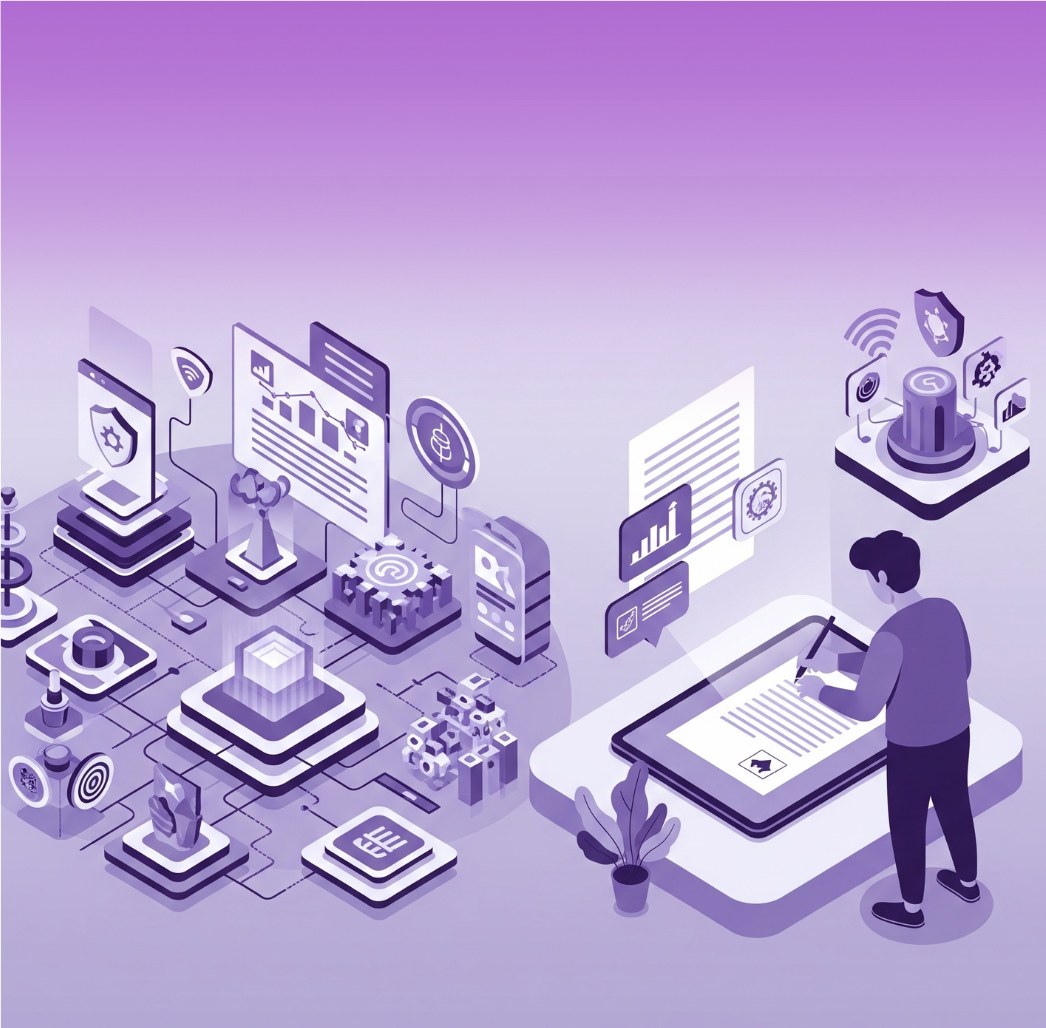 Ilustração conceitual em tons de roxo sobre assinatura eletrônica, mostrando segurança digital e facilidade de uso.