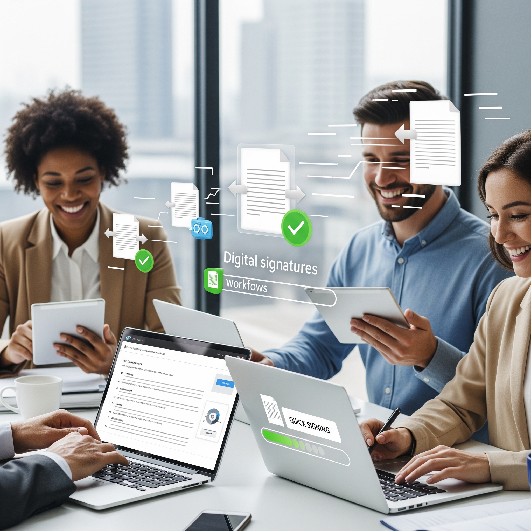 Profissionais diversos trabalhando em um escritório moderno e iluminado, utilizando laptops e tablets para gerenciar documentos digitalmente. Há elementos visuais como ícones de documentos, caixas de seleção verdes e setas que indicam progresso, simbolizando agilidade, segurança e facilidade no fluxo de trabalho otimizado pela assinatura digital. O ambiente transmite eficiência e profissionalismo.