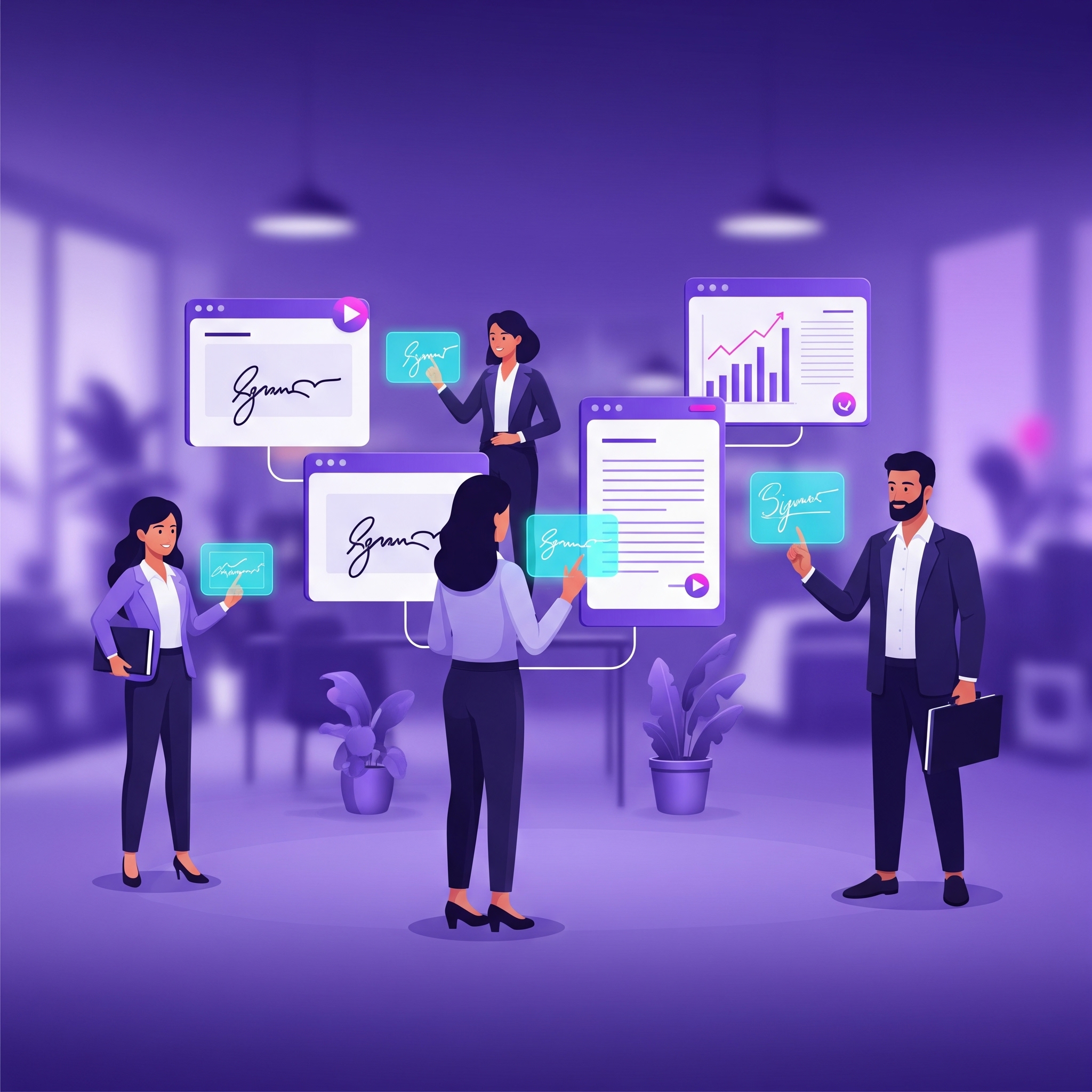 transformação digital nos negócios pela assinatura digital. Profissionais interagem com interfaces holográficas assinando documentos, com elementos visuais que indicam eficiência e otimização.